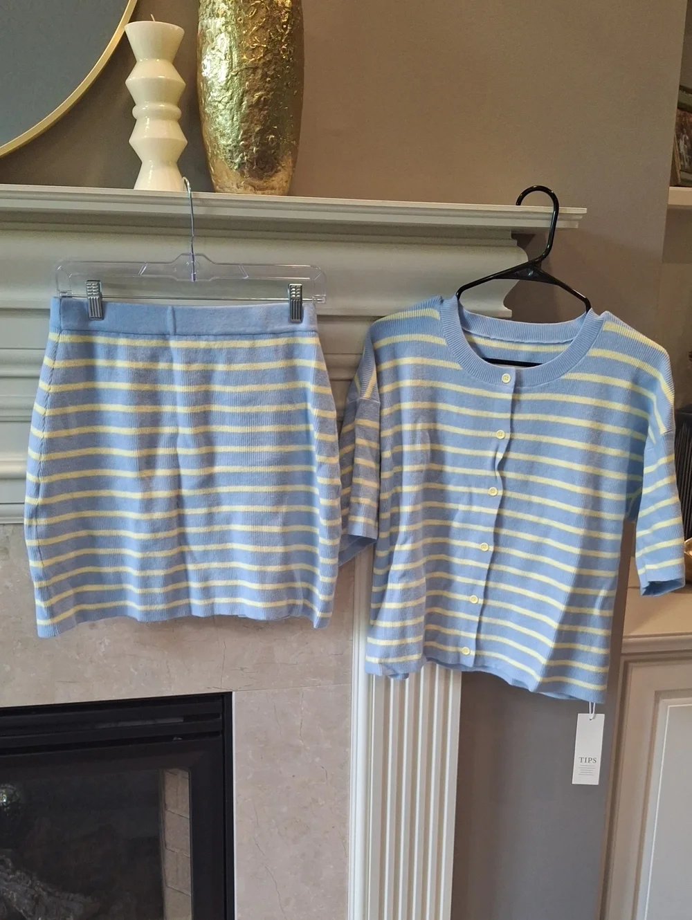 Light Blue & Cream Striped Womens  Set - Button Front Top & Skirt